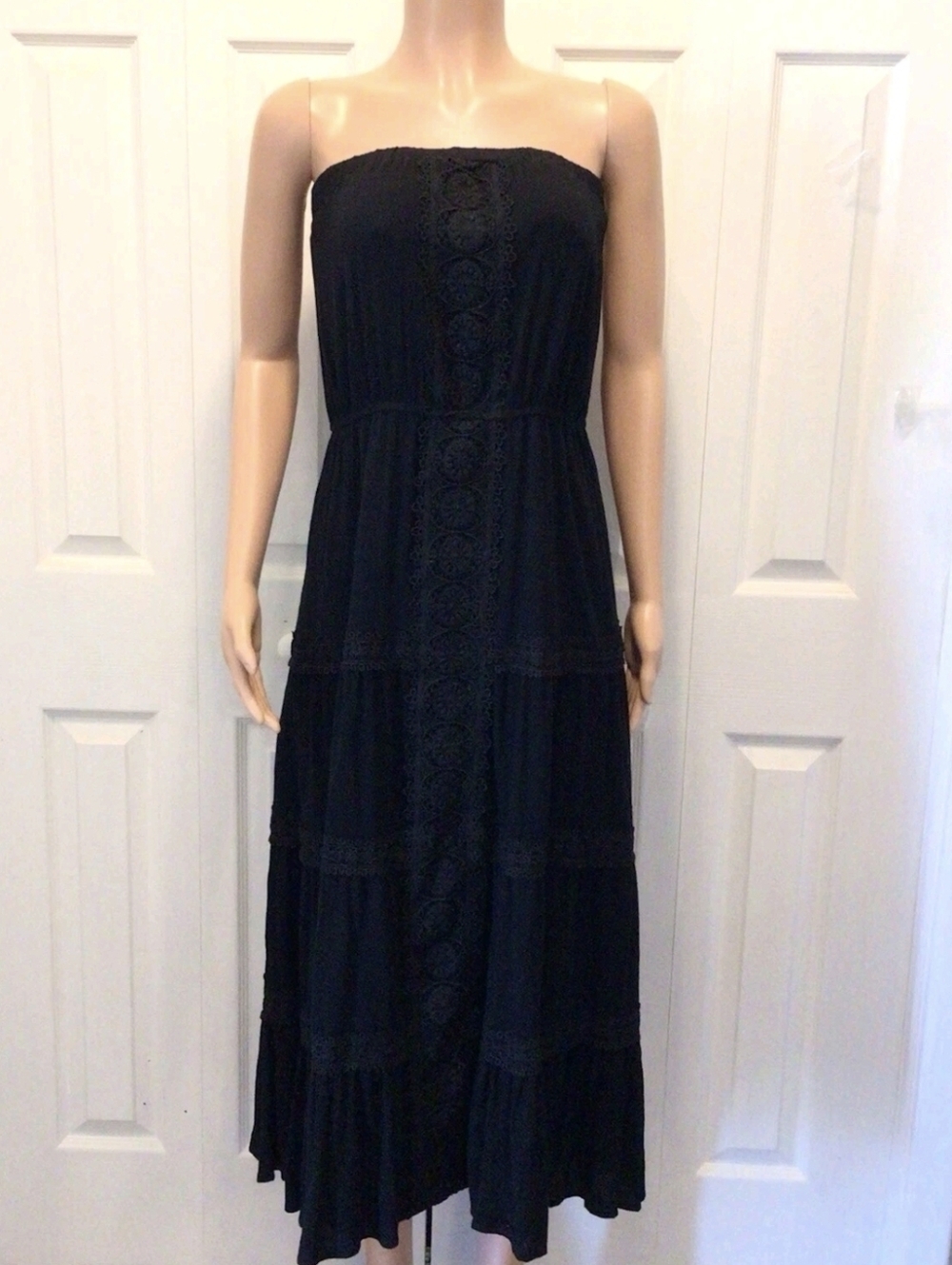 NWT Chic Strapless Boho Black Maxi Dress with Lace Detailing